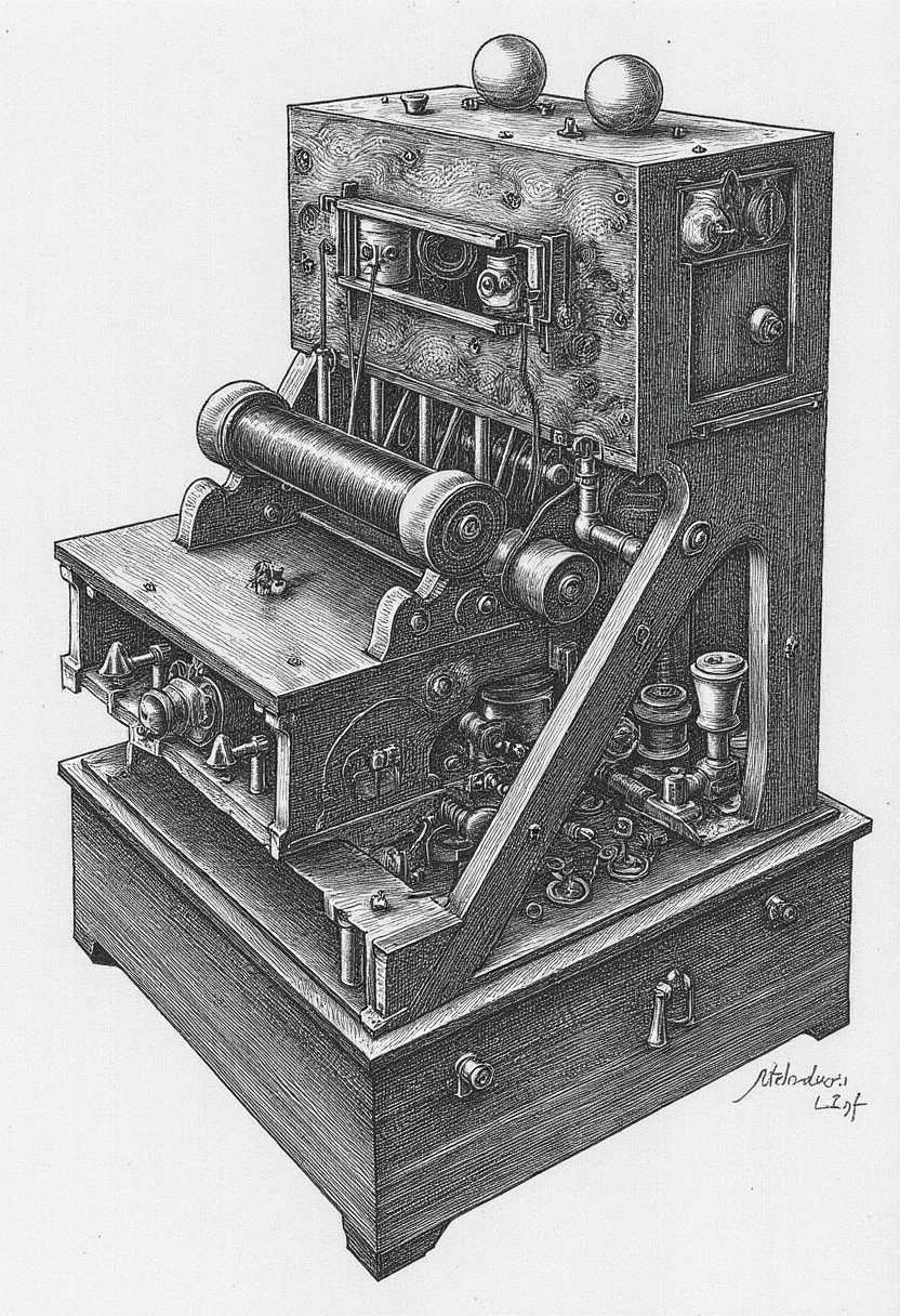 engraving in the style of yfg-durer, German WWII enigma cryptography machine.