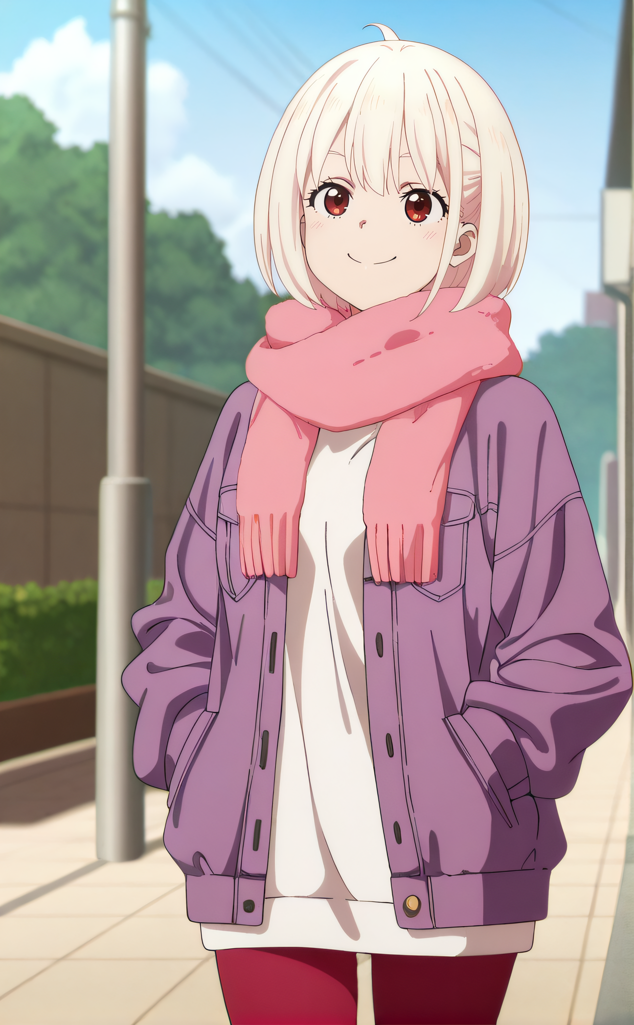 masterpiece, best quality, highres, newest, 1girl, solo, official style, anime screencap, <lora:Nishigiki_Chisato:1>, chisato, blonde hair, bob hair cut, red eyes, white sweatshirt, pink scarf, open jacket, purple jacket, red pantyhose, hands on pockets, smile, outdoor, smile, cowboy shot