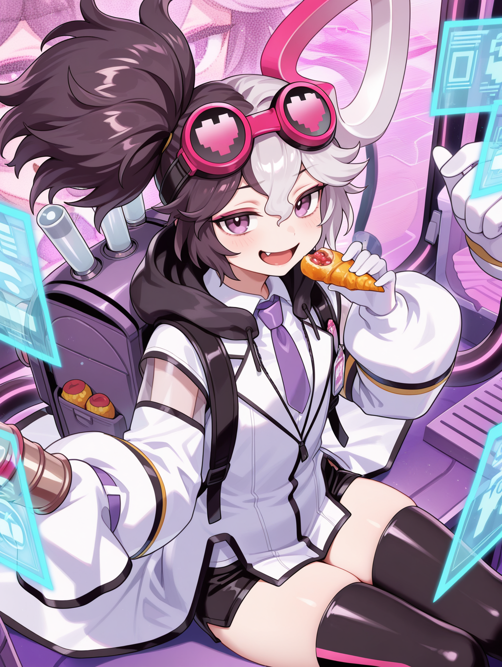 vanquish soul dr. mad love, cone \(weapon\), fang, single sleeve past fingers, 1girl, holographic interface, solo, side ponytail, smile, open mouth, extra mechanical arms, looking at viewer, sitting, backpack, holding food, food, white hair ornament, goggles on head, white collared shirt, white labcoat, purple necktie, single white glove, black short shorts, black thighhighs, drill, official style,
masterpiece,best quality,amazing quality,very aesthetic,absurdres,newest,<lora:Vanquish Soul Dr. Mad Love illusXL v1.1:0.72>,