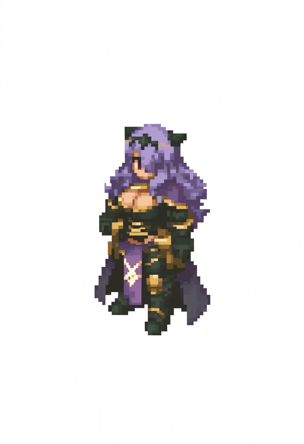 masterpiece, best quality, solo, 1girl, <lora:FFT-Sprites-illus_Fp:1>, looking at viewer, from side, full body, standing, solid oval eyes, no mouth, no nose, pixel art, simple background, white background, <lora:fecamilla-illu-nvwls-v1:1>, dfCm, lavender hair, wavy hair, long hair, hair over one eye, black tiara, purple capelet, black armor, cleavage, gauntlets, gloves, armored legwear, black panties, pelvic curtain, see-through