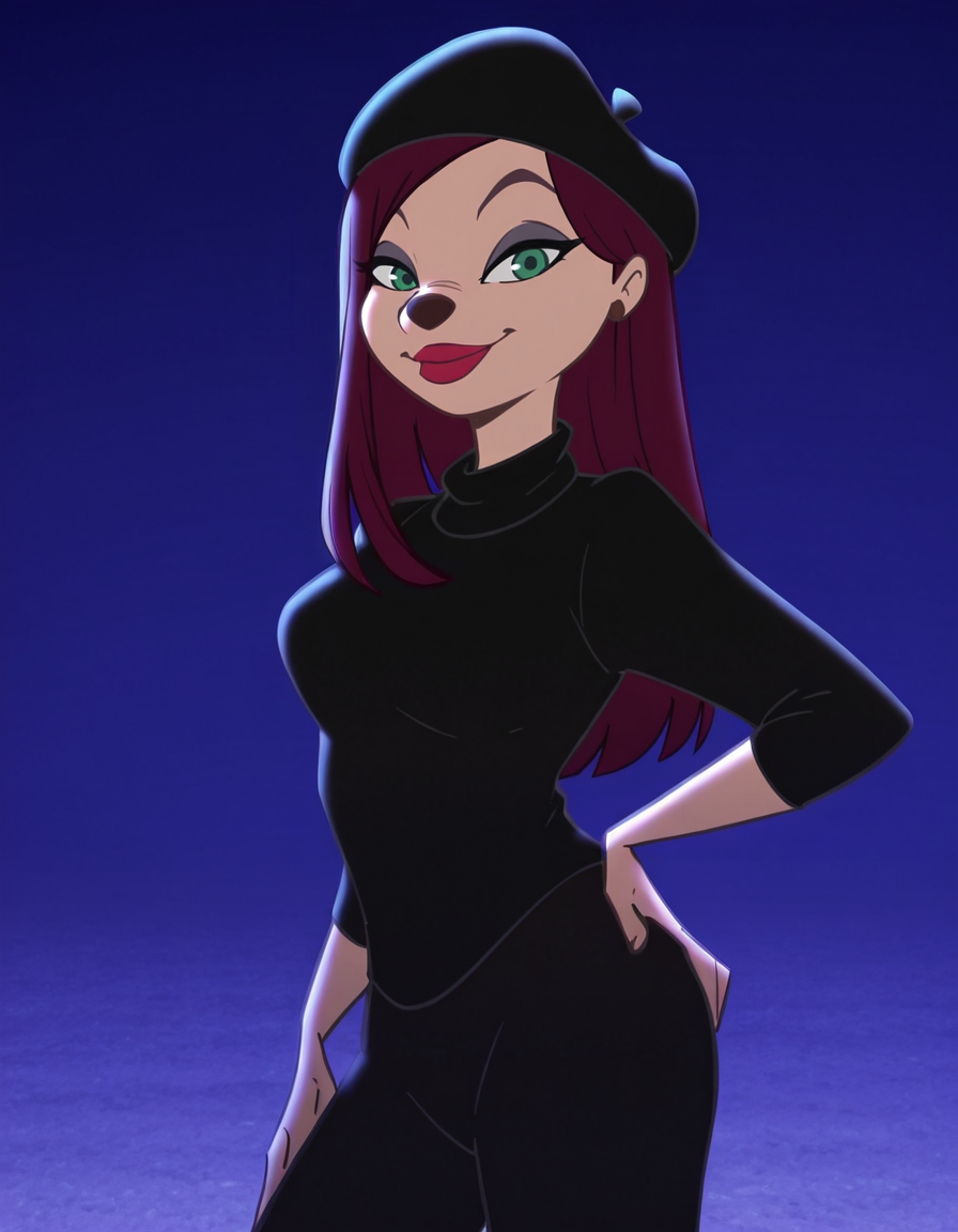 <lora:BeretGirlIllustrious1.0JLFO:1> beretgirl, 1girl, long hair, beret, solo, makeup, lipstick, black shirt, black pants, standing, smile, green eyes,blue background, looking at viewer,hand on hip, cowboy shot
