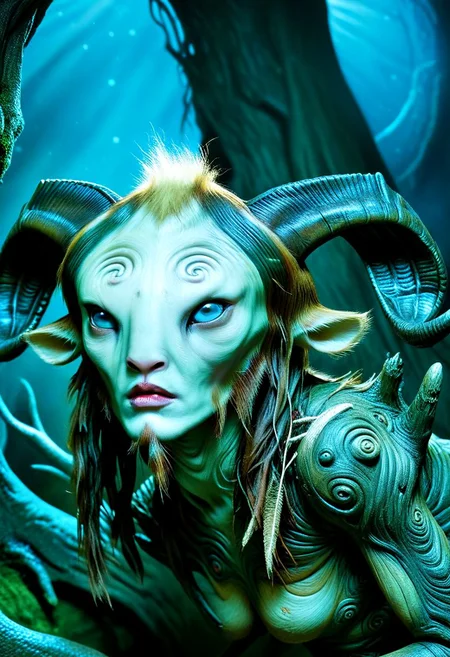 Pans Labyrinth style beautiful fluffy animal alien, ultra high res, food, analog, fine art, animal ears, bioluminescence, cover art, majestic, 8k uhd, cinematic, great art, midnight, dark theme, UHD, disturbing, subsurface scattering, abstract, mountain, mask, unsettling