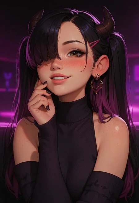 score_9, score_8_up, score_7_up, score_6_up,
1girl, 25 years old, perfect face, cute, petite, looking at viewer, make up, close view, close up,
freckles, demon horns,
brown eyes,
ear piercing, long hair, multicolored hair, black hair, purple hair, hairclip, two side up, hair over one eye,
purple chocker,
plaid sweater, purple sweater, black sweater, bare shoulders, detached sleeves, black nails,
blush, shy smile,
portrait, face focus, detailed face,
party, nightclub,