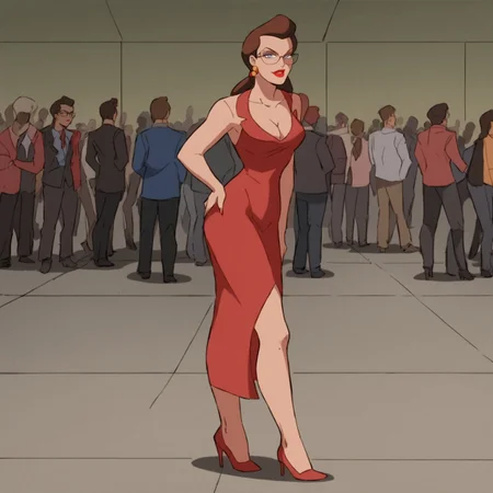 safe_pos, safe_pos, safe_pos, score_9, score_8_up, score_7_up, solo, 1girl, makeup, lipstick, hair loose, long hair, brown hair, blue eyes, no pupils, glasses, earrings, red dress, red elegant dress, cleavage, collarbone, ellegant room, crowd, Janet Van Dorn (dc), standing, high heels, looking at viewer 