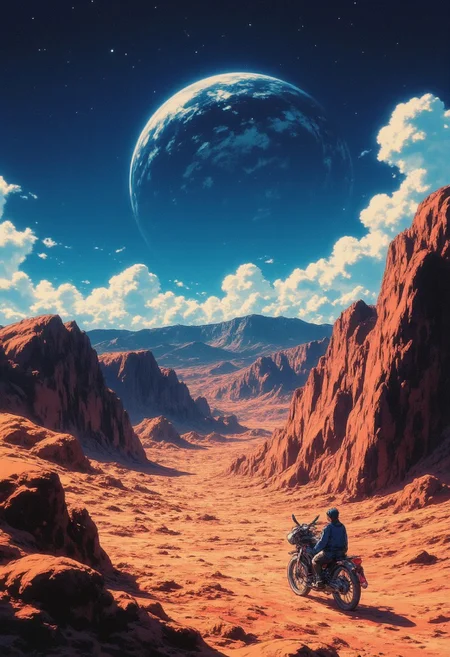 The image is a digital illustration in a detailed, vibrant, high contrast, semi-realistic art style with 90s retro futuristic anime elements without noise or comic halftone effect. The planet Eyjensul, you are here. A frozen tundra for much of its 250 year orbit around Elias. In the decades closest to the supergiant the planet transforms into a desert. As water is drawn from the sands the planet experiences its only weather. Vast storms surge into existence. And the shifting sands reveal their treasure. You are part of the Salvage Union, the backbone of the abandoned world's sputtering economy. When the tundra begins to stir for a few brief months between frost and storm you will seek your fortune on the long road to Perihelion, the last true city and the only shelter. The compostition and the poses are dynamic. The composition is dominated by cool tones, with a muted, slightly gritty texture that enhances the gritty, futuristic atmosphere. ne0nfant4sy