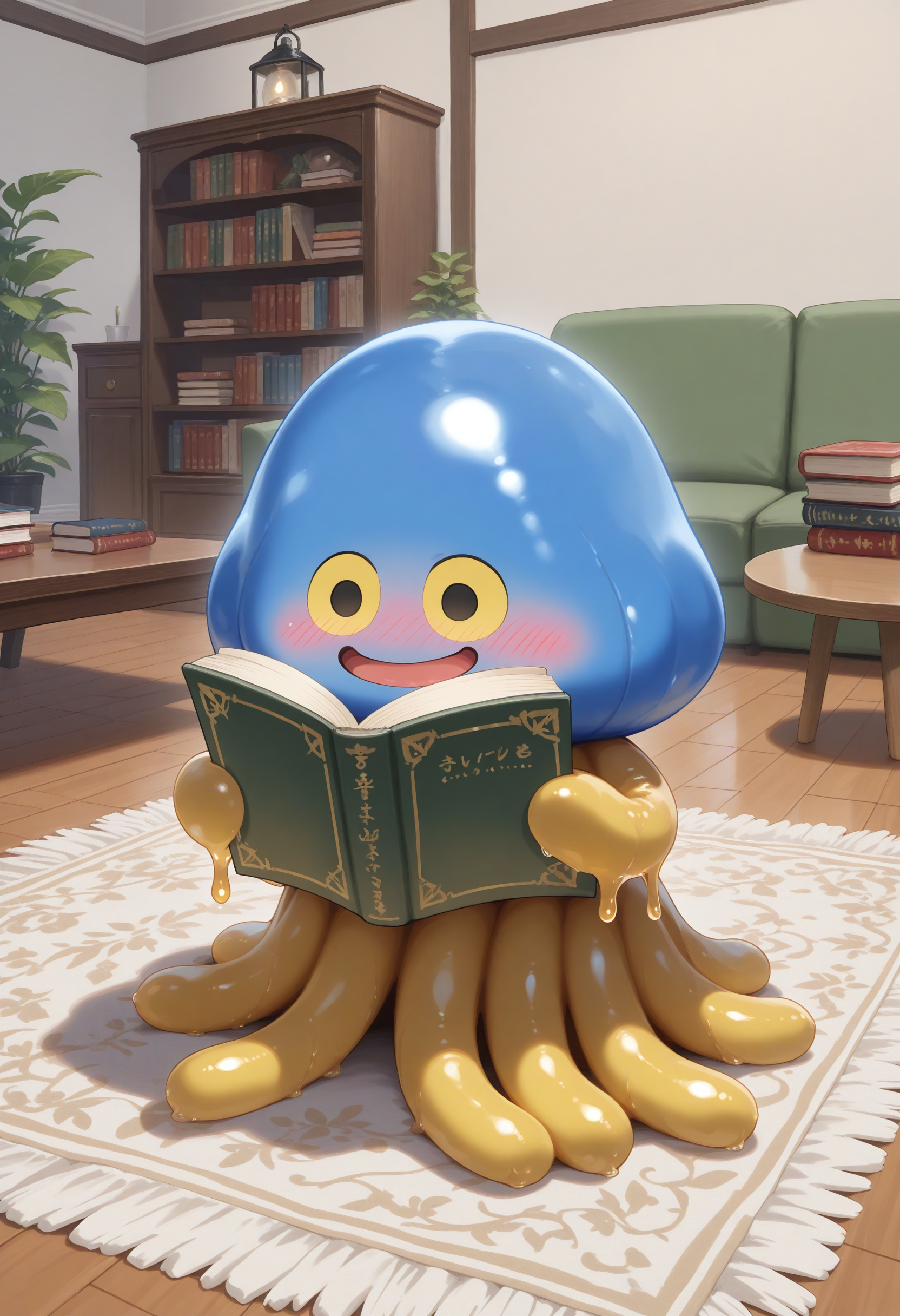 masterpiece,extreme detailed,indoors,living room,table BREAK full body,
BREAK hoimin1,1other,no humans,yellow tentacles,:d,slime (creature),blue_skin,<lora:hoimin_(dq)-NAI:1>,book,reading,holding_book,blush,nose blush,
