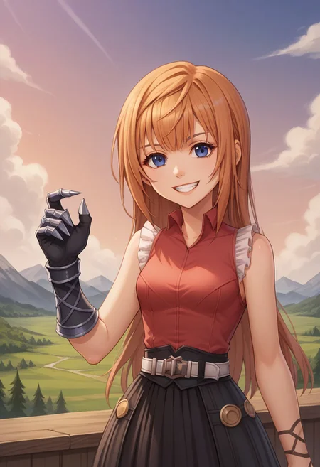 score_9, score_8_up, score_7_up, source_anime, highly detailed,
reynn, 1girl, solo, long hair, sleeveless, blue eyes, frills, orange hair, standing, shirt, belt, glove, glove at right hand, hand up, smile, skirt, upper body,
single glove, claw glove, glove at right hand, hand up, grin,
outdoor, sky, mountains, trees, clouds