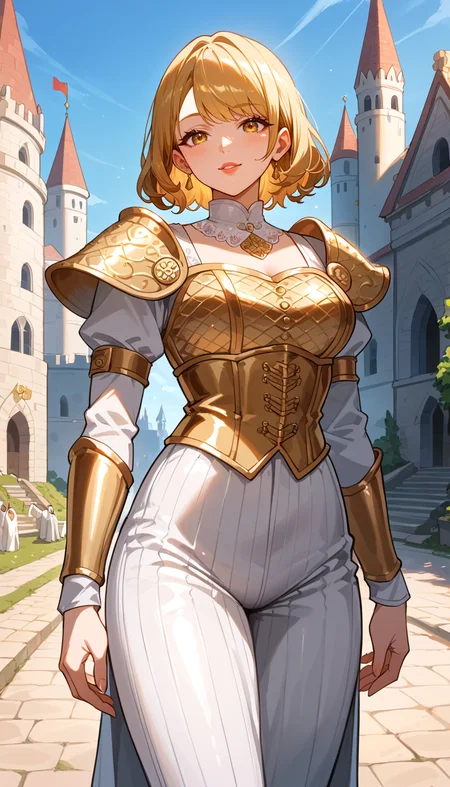 score_9, score_8_up, score_7_up, Anime Style, Cowboy Shot, girl, cute, seductive, innocent, light smile:0.3, plump lips, slender body, bob hair, dressing an high detailed medieval gold armor, gold ornate, gold embedded, glossy gold, high detailed chainmail, outdoors, professional photograph, award winning photography, far away castle background, depth of field, dynamic angle, fashion photography, sharp, hyperdetailed:1.15