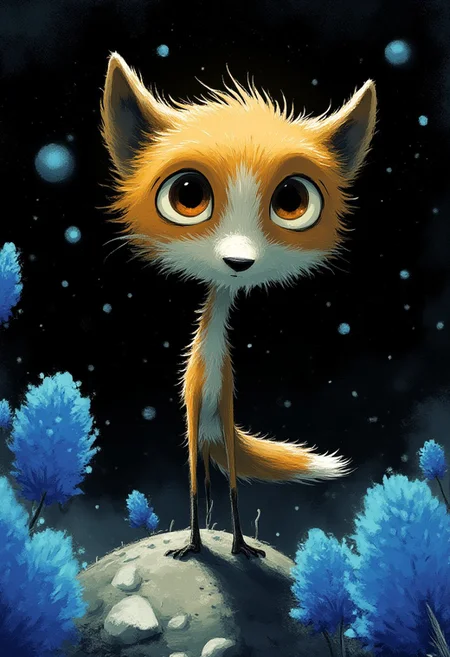 A whimsical illustration of a thin, elongated fox with a disproportionately massive head in dark whimsical art style, balanced perfectly atop a shattered planet fragment drifting through the cosmos, with glowing blue cornflowers sprouting from the celestial debris, digital painting with dramatic brushstrokes showing bristly orange fur illuminated by distant stars, deep twilight space background with aurora-like wisps, characteristic Tim Burton inspired design with huge, haunting amber eyes that seem to contain entire solar systems