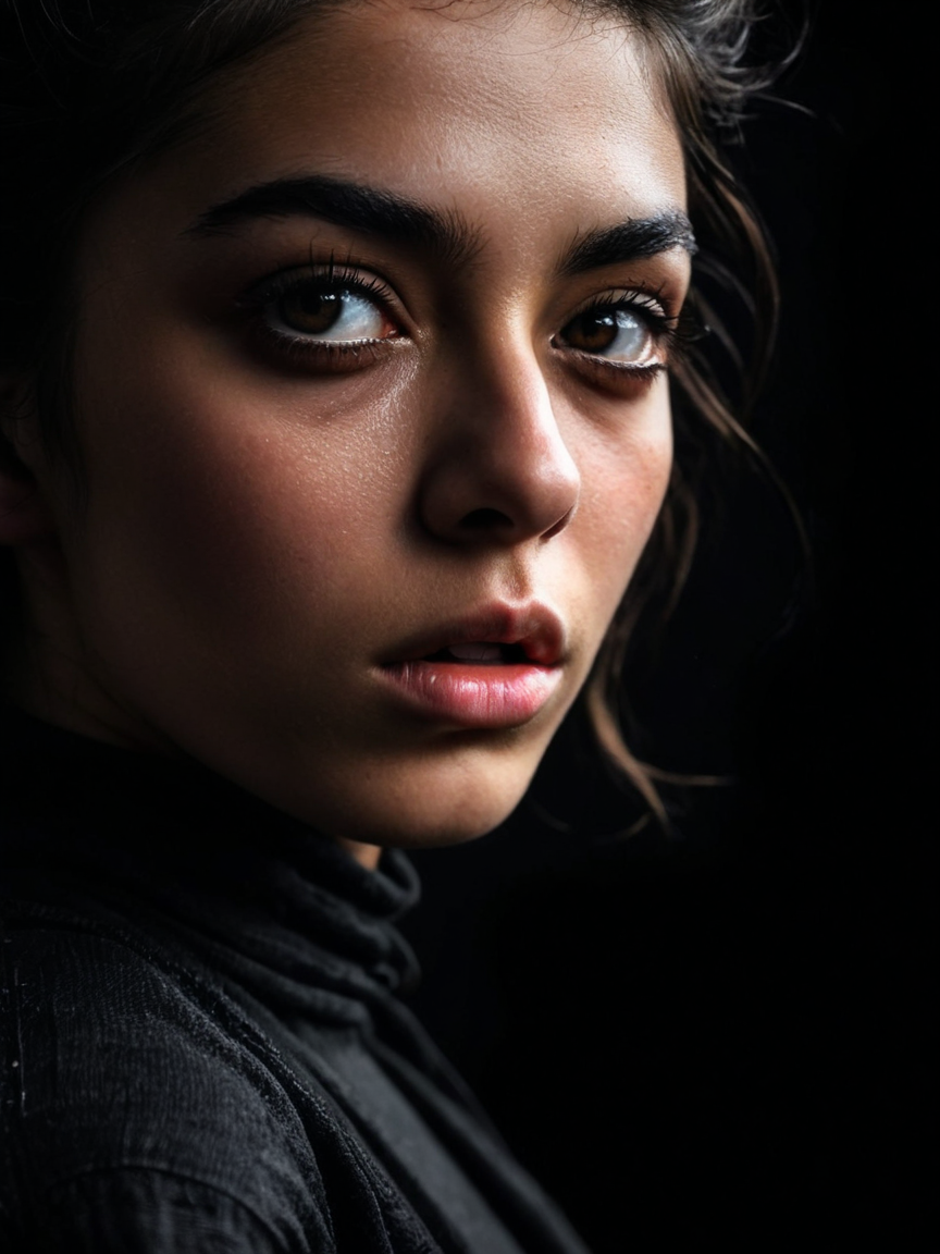 Cinematic fashion photograph  Amina_Massoud_P_MXAI_SDXL , intense expression, extreme closeup shot, black background,
