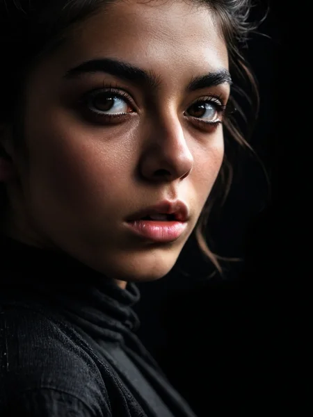 Cinematic fashion photograph Amina_Massoud_P_MXAI_SDXL , intense expression, extreme closeup shot, black background,