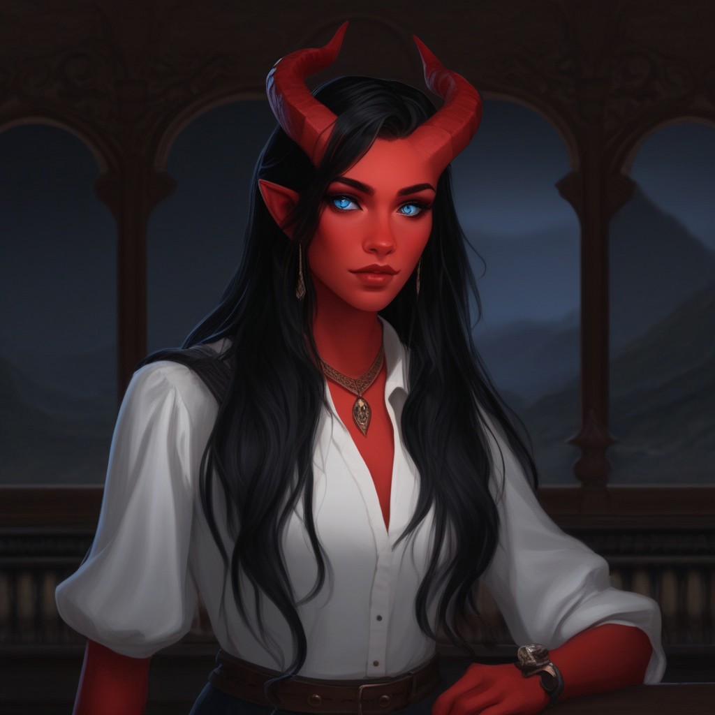 masterpiece, best quality, upper body, solo, 
tiefling, pointed ears, horns, tail, blank eyes, jewelry on horns,
1 girl, female focus, red skin, blue eyes, black hair, long hair, white shirt,
looking at the viewer, posing, 
fantasy background, blurred background,