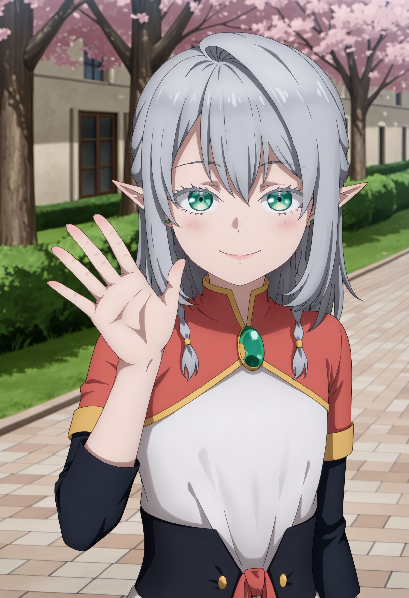 <lora:Young Tessia_IL:1>Young Tessia, 1girl, gray hair, pointed ears, elf, green eyes, white asymmetrical dress with yellow trim, red sash waist tie, black long-sleeve undershirt, green gem pendant necklace, white thigh-high socks, black crisscross strap shoes
 Cherry blossom trees along a riverside promenade,seductive smile , waving to the viewer, upper body,