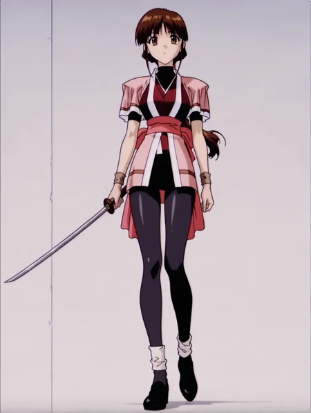 masterpiece,best quality,newest,
1girl,solo,
anime screencap,<lora:yume_ilxl_v1.0:1>,yume,brown hair,brown eyes,low ponytail,y_clothes,short_sleeves,black_pantyhose,bandaged legs,black footwear,y_katana,
<lora:Fixhands_anime_bdsqlsz_V1:1>,simple_background,white_background,looking_at_viewer,face_focus,standing,front view,portrait,full body,expressionless,empty eyes,