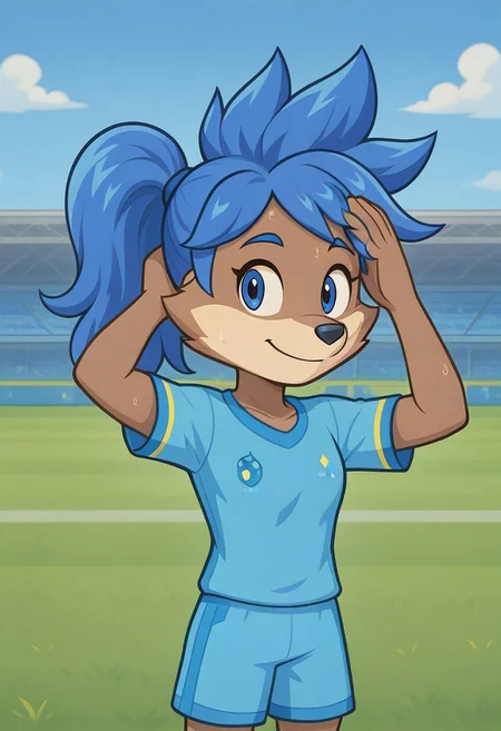 (spikyhair, spiked hair:1.6), solo, cabulosa, anthro, ponytail, blue soccer kit, forearm on forehead, sweating, soccer field, blue hair, brown fur