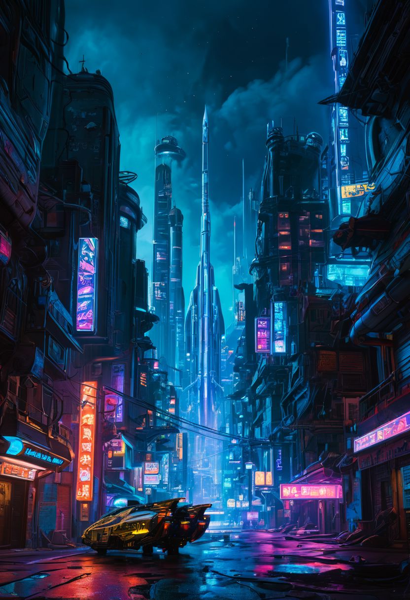 detailed artwork of cbbebop spaceship over a cyberpunk city at night detailed, neon lights, epic sky, undefined
