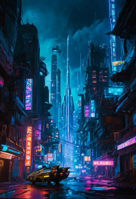 detailed artwork of cbbebop spaceship over a cyberpunk city at night detailed, neon lights, epic sky, undefined