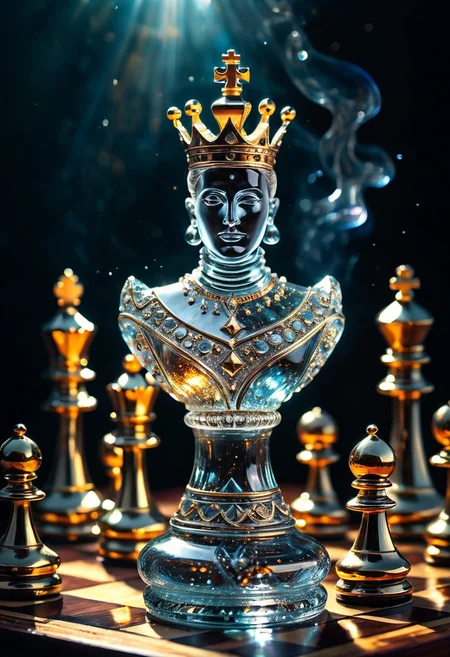 [Masterpiece. Realistic. Transparent Beings. Everything in this universe is made out of sparkling glass crystals. A chess piece made of crystals. Water explosions. Transparent or silver body parts.], detailed, romantic, very inspirational, beautiful, elegant, lovely, cute, pretty, modern, epic composition, fabulous atmosphere, cinematic light, dynamic dramatic ambient, Vibrant Colors , glowing highlights, 
ral-tr33brnch, Arttrttrt, extreme Long Shot, masterpiece, intricate detail, best quality, absurd resolution, Gothic, black stone with golden stripes, elegant, luxury, royal, expensive, 
Stylized chess pieces. Queen chess, Chess game, chess board, luxury and golden design. Photo realistic, cinematic light, concept art. ,