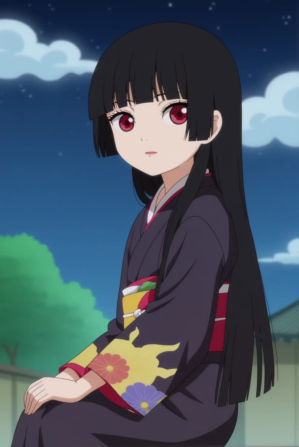 ai enma,anime screencap,1girl,solo,hime cut,butterflys,long hair,black kimono,blunt bangs,bangs,looking at viewer,dojo,sitting,japanese clothes,outdoors,Lycoris radiata, horror,night time,upper body <lora:Ai Henma - PDXL2.safetensors:0.8>