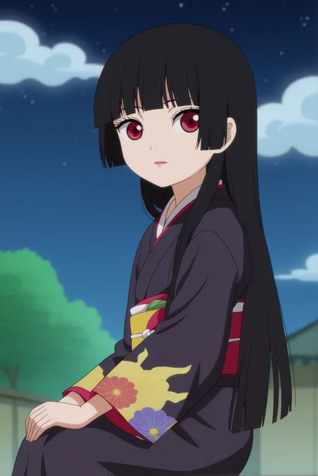 ai enma,anime screencap,1girl,solo,hime cut,butterflys,long hair,black kimono,blunt bangs,bangs,looking at viewer,dojo,sitting,japanese clothes,outdoors,Lycoris radiata, horror,night time,upper body <lora:Ai Henma - PDXL2.safetensors:0.8>