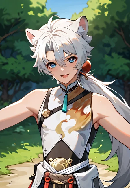 score_9, score_8_up, score_7_up, all in one, masterpiece, best quality, lots of details, (1boy:1.3), male focus, (narrow waist:1.5), <lora:sdxl_lightning_8step_lora:0.75> , closed mouth, shaded, detailed shading, detailed skin, shaded skin, realistic shading, looking at viewer, countershading:1.1, outdoors, <lora:add-detail-xl:0.7>, <lora:Smooth Anime 2 Style SDXL_LoRA_Pony Diffusion V6 XL:0.65>, , , , sloppy open mouth, cute smile, , hair between eyes, <lora:lingyang-08:0.55>, (lingyang:1.3), ponytail, blue eyes, tail, animal ears, (default outfit:1.3), (upper body:1.2),