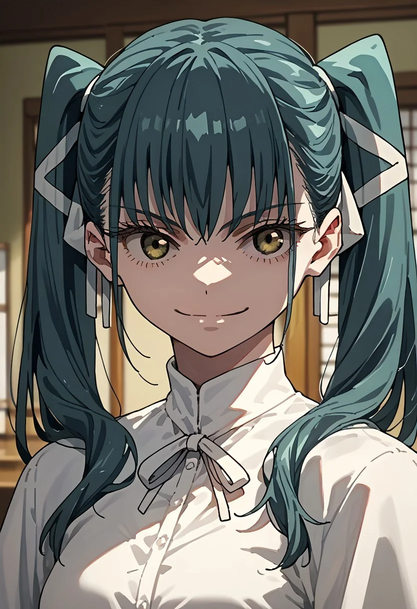 score_9,score_8_up,score_7_up,source_anime,YACHIHO_AZUMA,1girl,solo,smile,bangs,shirt,ribbon,twintails,closed mouth,hair ribbon,white shirt,portrait,white ribbon,