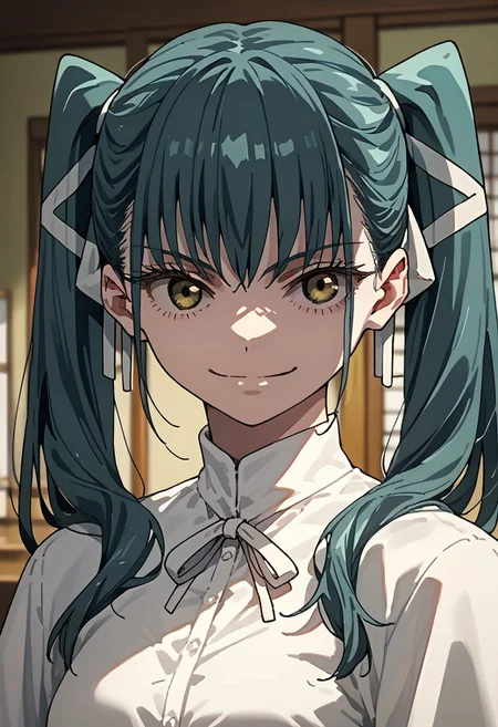score_9,score_8_up,score_7_up,source_anime,YACHIHO_AZUMA,1girl,solo,smile,bangs,shirt,ribbon,twintails,closed mouth,hair ribbon,white shirt,portrait,white ribbon,