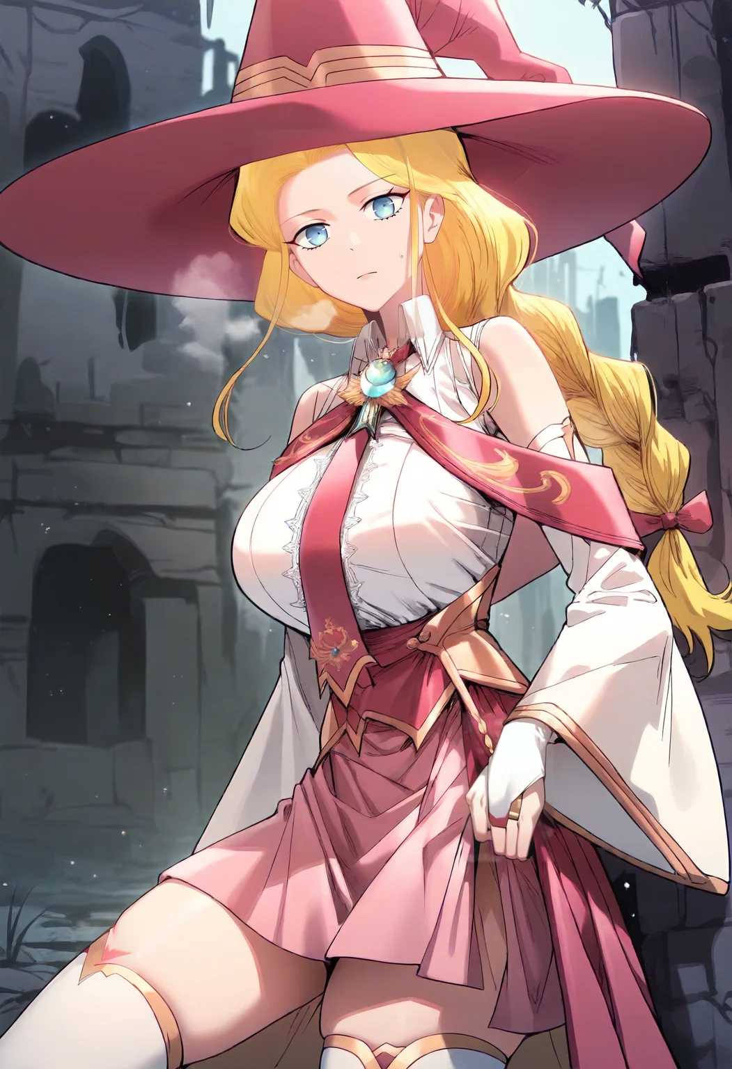 score_9, score_8_up, score_7_up, score_6_up, source_anime, rating_explicit, 1girl, solo, huge breasts, <lora:Arua Ravenponyxl:1> blonde hair, long hair, blue eyes, braid, pink hair ribbon, braided ponytail, witch hat, brooch, pink necktie, white shirt, collared shirt, sleeveless shirt, dress, detached sleeves, long sleeves, wide sleeves, bridal gauntlets, pink skirt, red skirt, white thighhighs, expressionless, Narrow shoulders, heavy breathing, steaming body, ruins, outdoors, looking at viewer, close-up