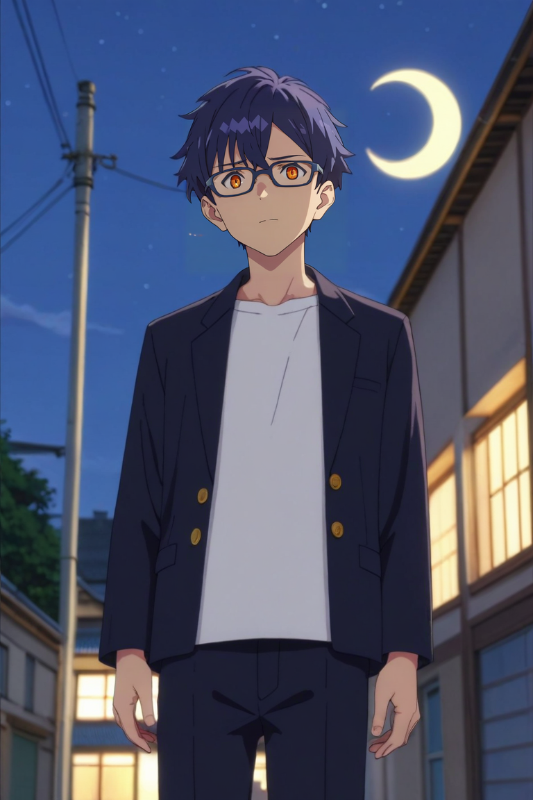 score_9, score_8_up, score_7_up, source_anime, rating_safe, , anime screencap, , , , depth of field, 1boy, solo, male focus, <lora:yomogi_asanaka_pony:0.78>, yomogi_asanaka, blue hair, orange eyes, short hair, bangs, hair between eyes, , glasses, straight-on, town, suburbs, night, crescent moon, standing on one leg, nervous, , <lora:sdxl_lightning_8step_lora:1>