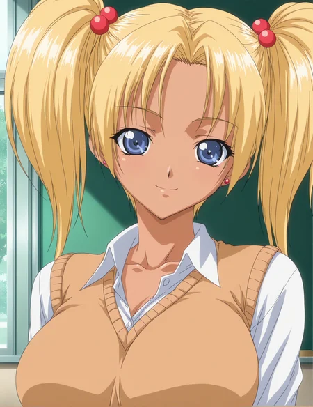 (masterpiece, best quality),
amazing quality,very aesthetic,
anime coloring, 2000s \(style\), 

1girl, gyaru, 
morikawa_misa, blonde hair,hair ornament, blue eyes, twintails, dark skin, dark-skinned female,
large breasts,

school uniform, sweater vest,
smile, 
school, 
standing, portrait, 