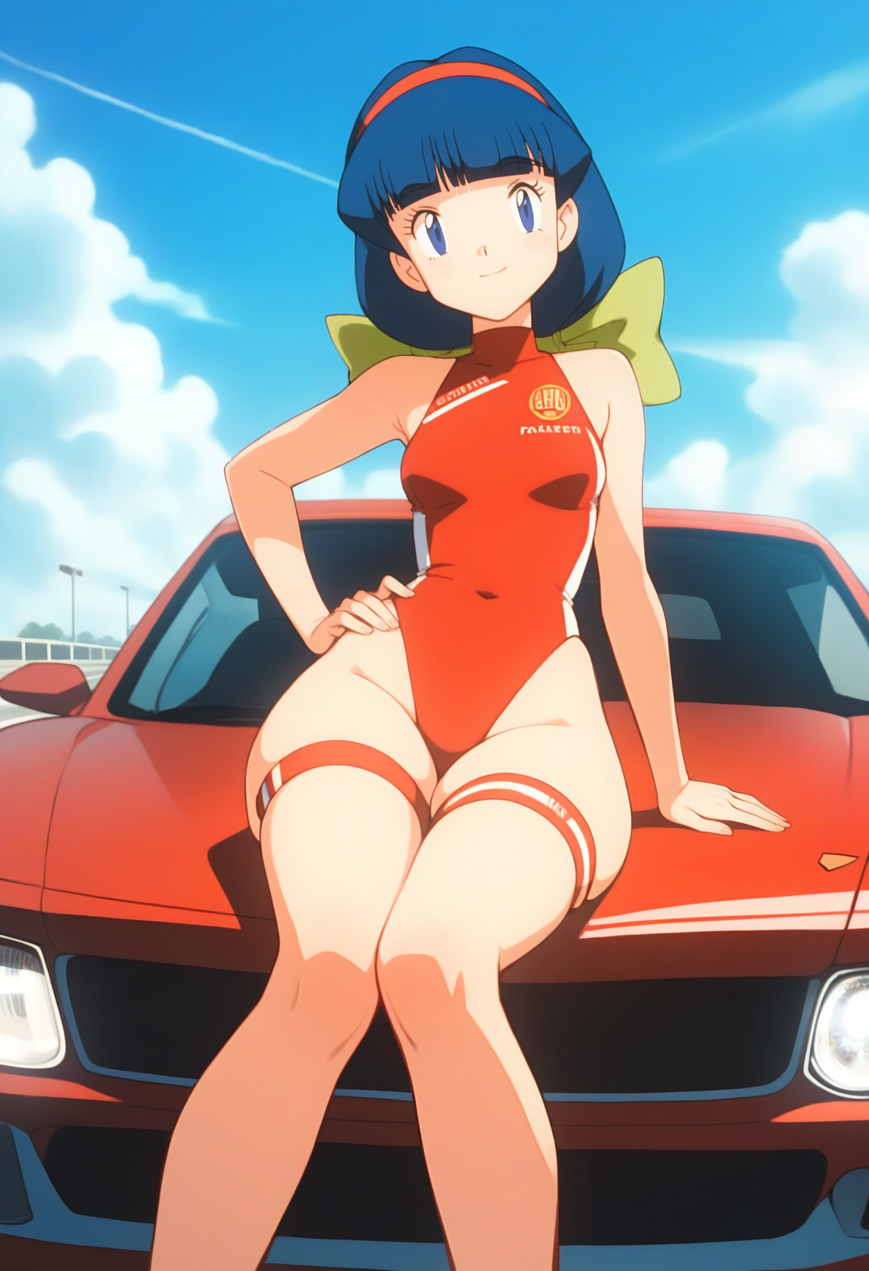 score_9, score_8_up, score_7_up, score_6_up, <lora:PMMelanie:1>, PMMelanie, aged up, blue eyes, blue hair, braided ponytail, blunt bangs, red hairband, green bow,
race queen, red leotard, highleg leotard, hand on own hip, sitting on car, thigh strap, skindentation, small breasts, 
smile, looking at viewer, 
BREAK formula one, racing, blue sky, ground vehicle, red car,