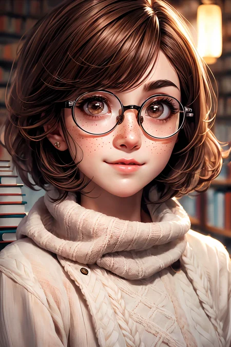 closeup, face, portrait, upper body,
freckles,
shy, blush,
(short brown hair:1.1),
(library:1.1),
(round glasses:1.2),
(brown eyes:1.4),
cozy, detailed eyes, winter sweater,
<lora:more_details:0.35>
<lora:Cosmic anime-oil fusion v2:0.35>
<lora:AnimeVibesV3:0.5> animevibes,
<lora:3DMM_V11:0.6> 3DMM
<lora:midjourney_20230624181825:0.4> midjourney, shiny, shiny hair, shiny skin, shiny clothes