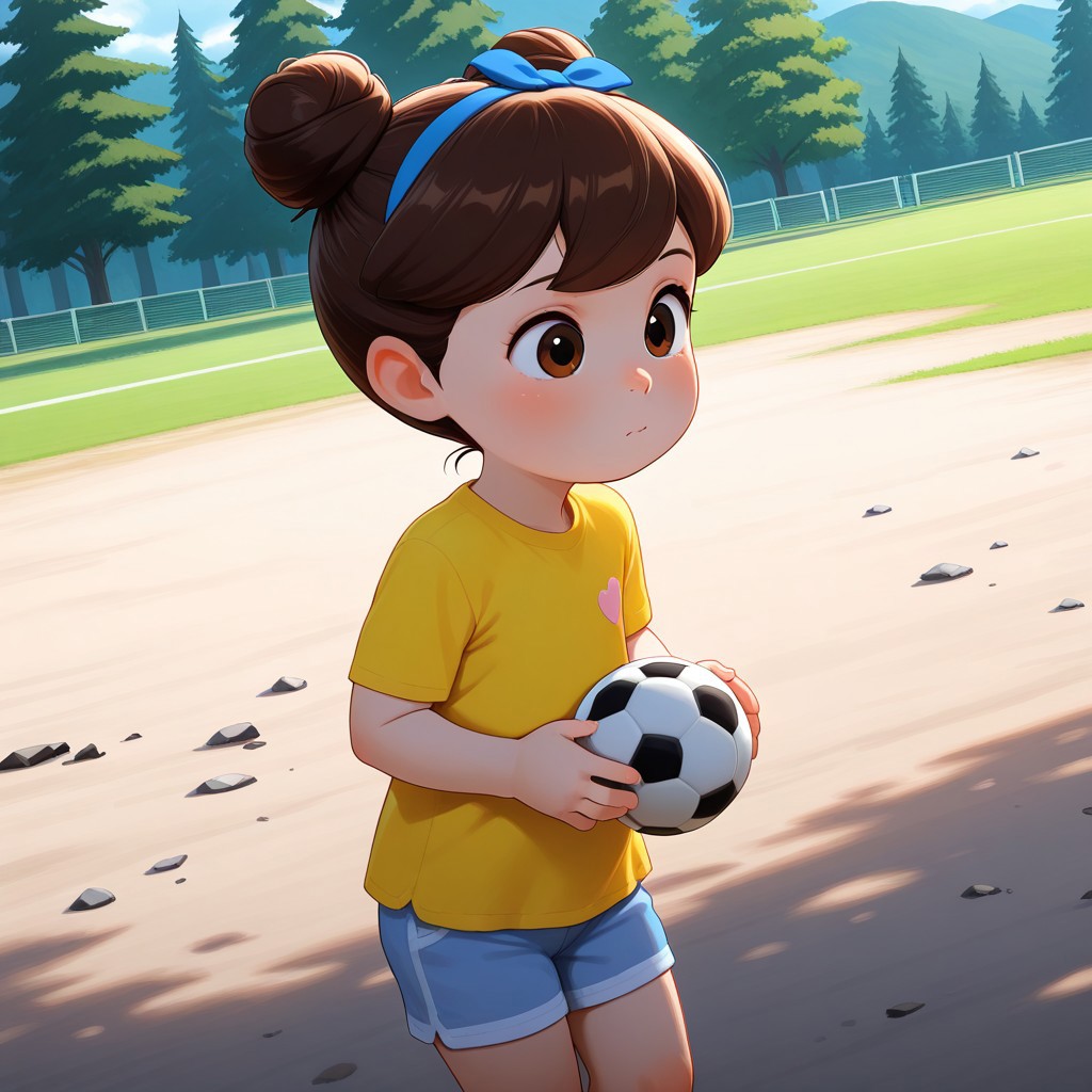 masterpiece, best quality, break, solo, female child, remy_rb, brown hair, brown eyes, double bun, yellow shirt, shorts, outdoors, soccer