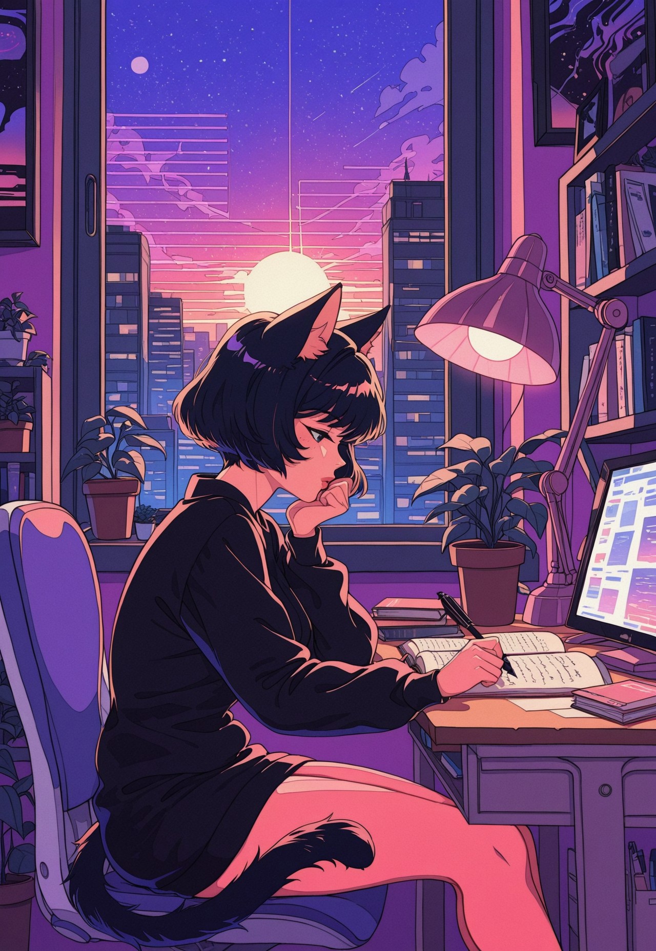 score_9, score_8_up, score_7_up, masterpiece, best quality, very aesthetic, 1girl, partial illumination, vibrant colors, DS-Illu, stylized, illustration,  (synthwave, retro:1.1), (zzLofi, sitting, side view, desk, chair, book, bookshelf, head rest, holding, holding pen, lamp, night, open book, pen, plant, potted plant, sky, (sky), window, windowsill, writing,) short hair, mature, lips, (catgirl:1.1), cat tail, city skyline, sunset, striped sun