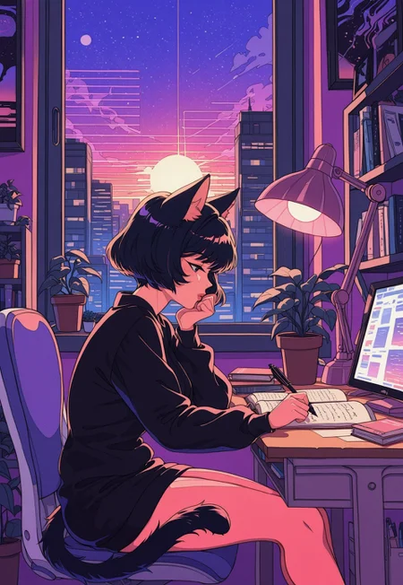 score_9, score_8_up, score_7_up, masterpiece, best quality, very aesthetic, 1girl, partial illumination, vibrant colors, DS-Illu, stylized, illustration, (synthwave, retro:1.1), (zzLofi, sitting, side view, desk, chair, book, bookshelf, head rest, holding, holding pen, lamp, night, open book, pen, plant, potted plant, sky, (sky), window, windowsill, writing,) short hair, mature, lips, (catgirl:1.1), cat tail, city skyline, sunset, striped sun