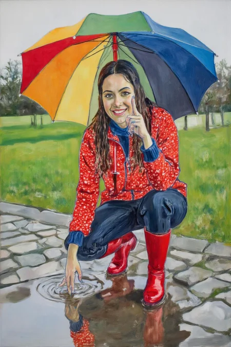 aliceneel2 painting.
A young woman, angled from slightly above and to the right, crouching low to the ground in a puddle. The young woman is wearing bright red rubber boots and a red jacket with white polka dots. The jacket sleeves are pushed up to reveal blue cuffs. The young woman also wears dark blue jeans and has a smile on her face as she extends her right index finger to touch the water in the puddle. Above the young woman is a large, open umbrella with rainbow-colored panels and a red handle. The ground is wet and paved with grey stones, reflecting the sky and umbrella. The background is slightly blurred, showing hints of green grass and trees. The lighting is overcast and diffused, typical of a rainy day.  <lora:aliceneel2_d8a4:1.0><lora:866321034452675975:0>