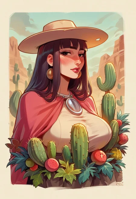 score_9, score_8_up, score_7_up, score_6_up, (Prickly Pear Style woman made of cactus, 90s, multiple hair colors, long hair, large breasts, Prickly Pear Style robot made of cactus:1.3), prehistoric, Prickly Pear Style desert, Blushing, love cactus,
