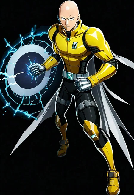ncrender of saitama from one punch man as a cyborg hero of justice who can defeat any enemy in a single punch,simple background,black background