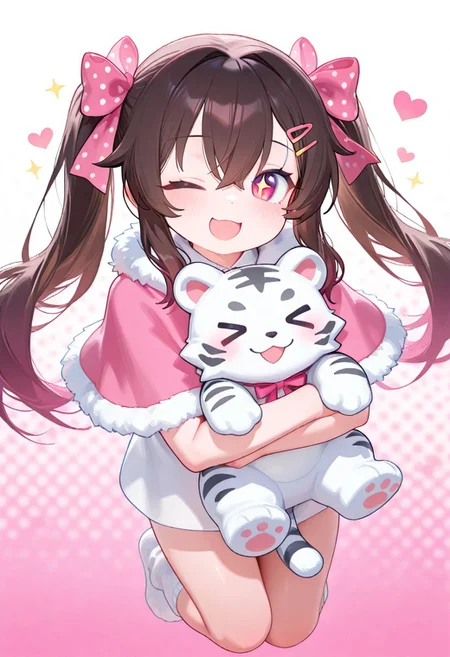 zuppu11, unnamed_style_1, masterpiece, best quality, 1girl, pink capelet, long straight twintails, capelet, fur-trimmed capelet, hair ornament, fur trim, polka dot, ribbon, blush, solo, pink ribbon, hairclip, open mouth, hair ribbon, smile, bow, long hair, looking at viewer, sparkle, hair bow, black hair, pink bow, one eye closed, full body, paw print, red eyes, >_o, polka dot bow, white background, heart, dot nose, stuffed toy, sidelocks, hair between eyes, stuffed animal, animal, white tiger, chinese zodiac, polka dot ribbon, shirt, polka dot background, gradient background, pink background, white background, blurry background, animal hug, food, white shirt, holding animal, brown hair, holding, sparkling eyes, :d, symbol-shaped pupils, pink eyes, >_<, general