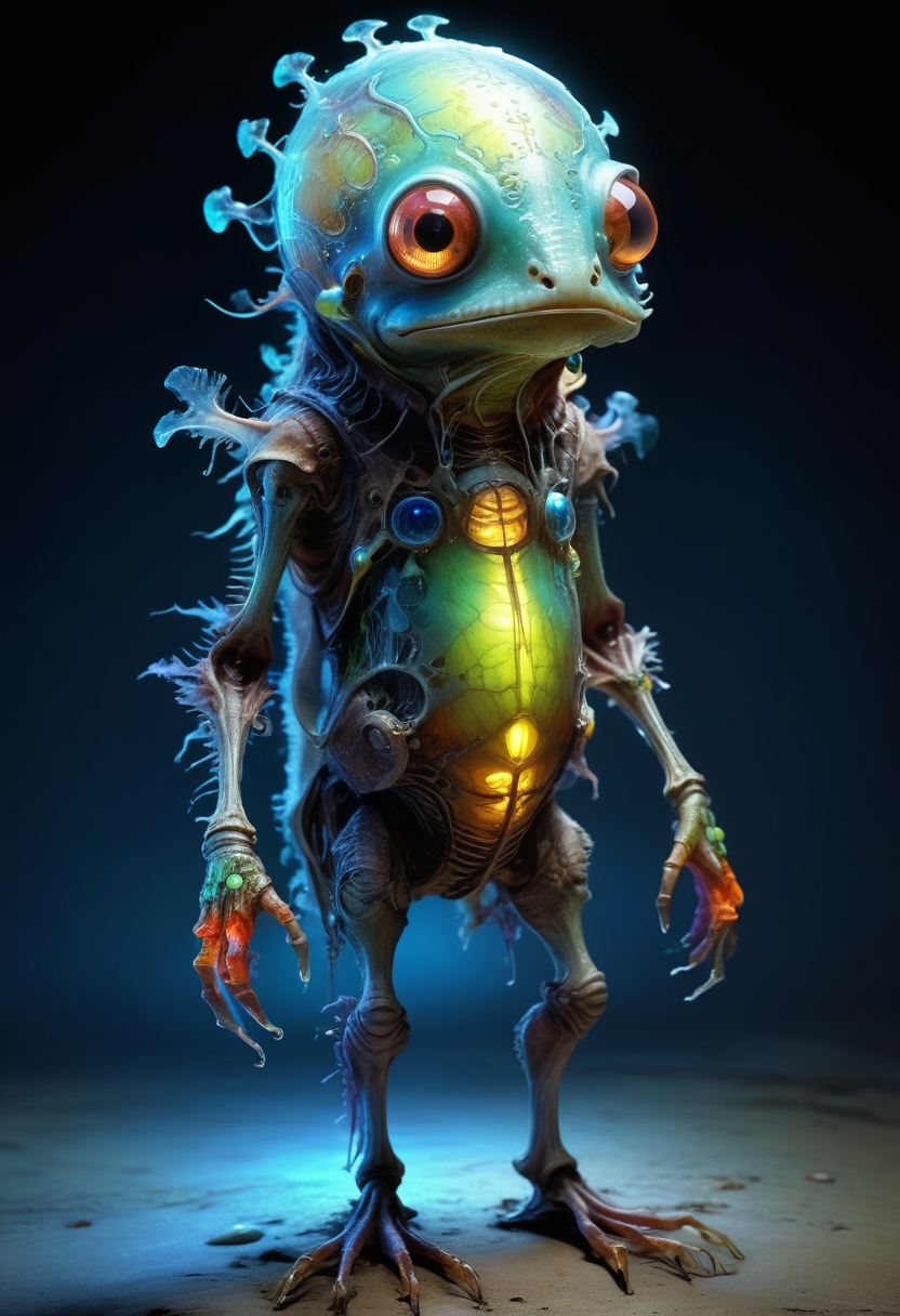 bioengineered anthropomorphic creature, colorful organic bioluminescent patterns, full body, hauntingly beautiful, hyperrealistic, ultra resolution, professional photo, <lora:add-detail-xl:0.8>,  <lora:xl_more_art-full_v1:0.5>,            <lora:Jean-Baptiste Monge Style:1> Jean-Baptiste Monge Style page
