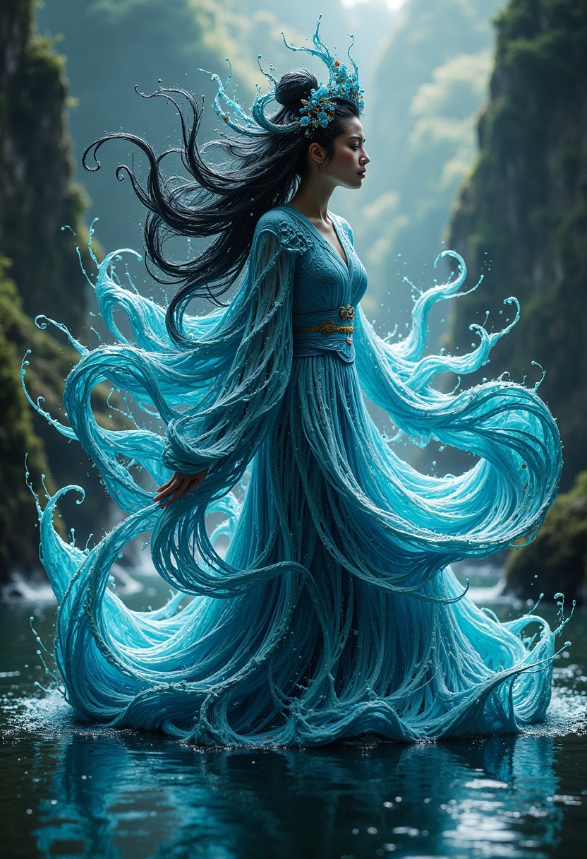 masterpiece, stunning oriental water spirit woman, made of ripples of water, abstract, fractal art. highest definition, HD32K, wallpaper, hyperdetailed, concept art