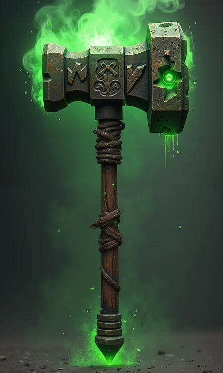 In a grim, plague-ridden fantasy world, a sinister brown war hammer exudes a foul, corrupted aura. Its head is rugged and crude, forged from dark, rust-stained metal and aged wood, as though scavenged from a battlefield long forgotten. The weapon seeps toxic green miasma from cracks and runes etched into its surface, forming eerie, drifting clouds that swirl around it like a poisonous fog. The handle is wrapped in decaying leather, and faint green glows pulse from within, suggesting cursed alchemy or forbidden magic. This plague-born hammer radiates disease, decay, and relentless, unnatural power.