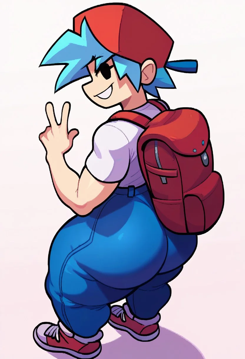 zPDXL3, <lora:Boyfriend:0.8>, boyfriend_fnf, 1boy, solo, twink, thick thighs, wide hips, large thighs, bottom heavy, blue hair, red hat, white shirt, blue jeans, black eyes, sexy pose, backpack, smile, thick thighs, thick hips, simple background, huge ass, super close up, high angle view, three-quarter view, rear view, side view, looking back at view, white background, human, sneakers, <lora:KrekkovLycoXLV2:1.1>