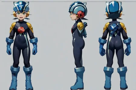 (masterpiece, official art, simple background), best quality, 1boy, solo, chara-sheet, megaman, (blue footwear, boots), (blue headwear, helmet), (indigo bodysuit:1.5), covered collarbone, yellow pauldron, full body, blue gloves, green eyes, looking at viewer, male focus, open mouth, smile, solo, standing, muscular, large pectorals, thick thighs