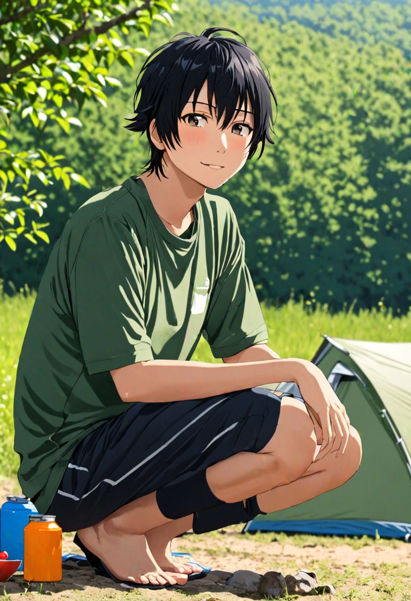Yuusuke Fujisaki, masterpiece, Candid Photo, best quality, 1boy, solo, male focus, High definition, Black hair, 4K, camping
