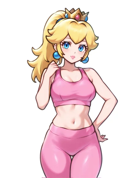 rotomwake,
hand on hip, sports bra, leggins, Princess Peach (Super Mario)