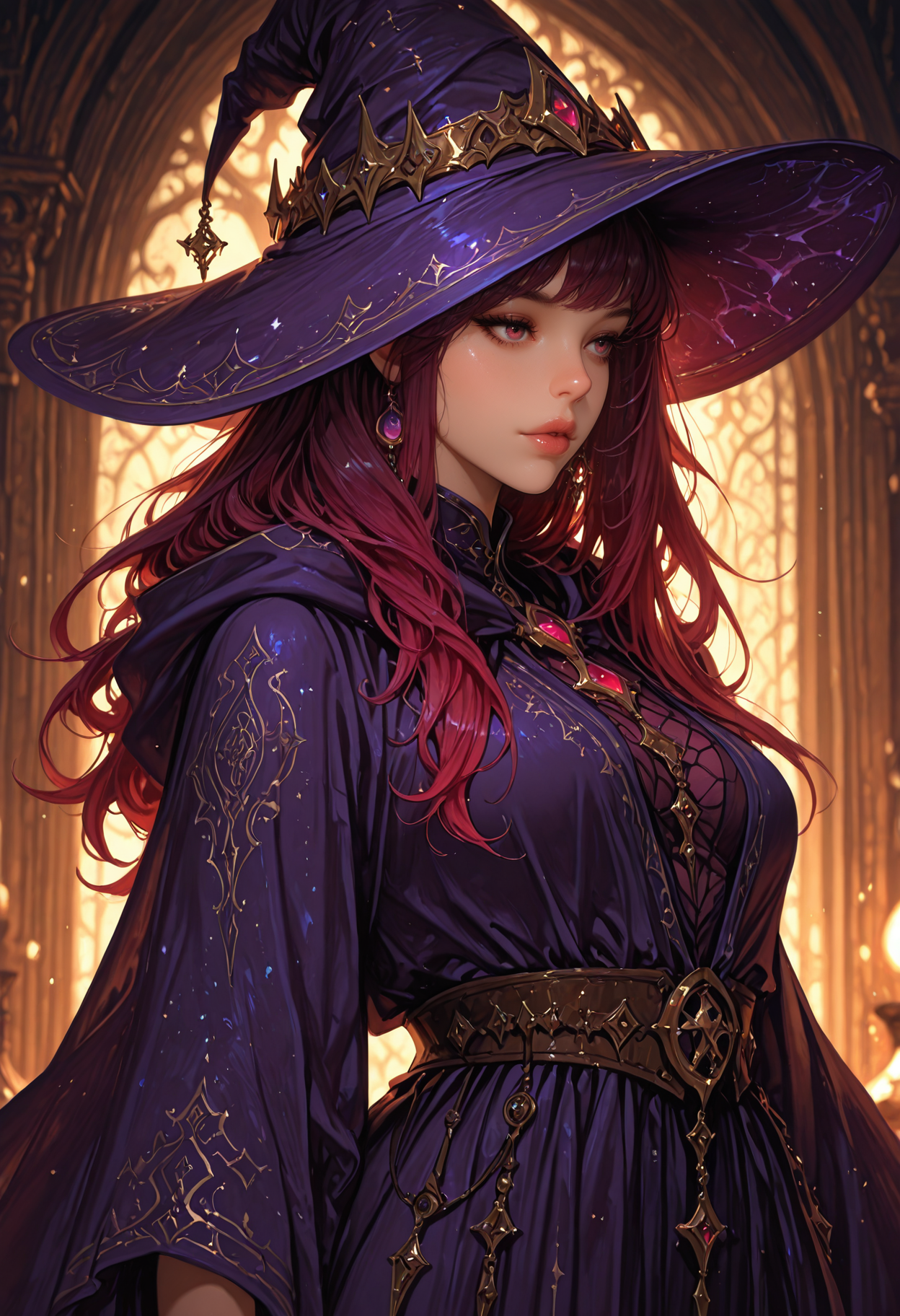 <lora:ILLMythP0rtr4itStyle:0.8> mythp0rt,
gradient hair, maroon hair, deep purple inner hair,
fantasy theme, D&D theme, gold, lining and embroidery, witch, large witch hat, intricate robe, open robe, 1woman, solo, beautiful, lips, ,, masterpiece, best quality, good quality, very aesthetic, absurdres, newest, 8K, depth of field, realistic, Cinematic Lighting, 
 <lora:MoriiMee_Gothic_Niji_Style_Illustrious_r1:0.8> artist:moriimee,, standing, medium full shot, half-body portrait, legs apart, heroic stance