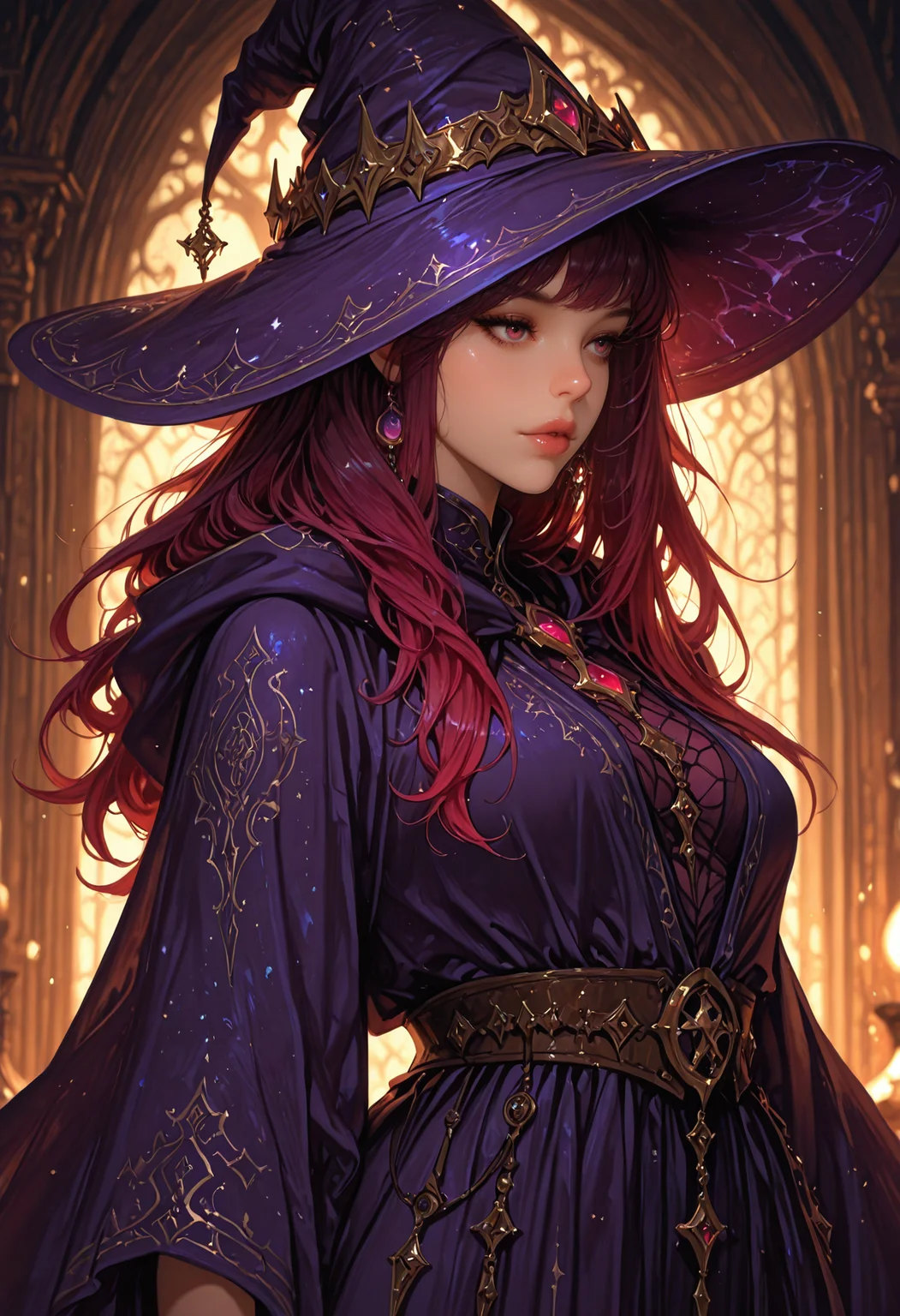 <lora:ILLMythP0rtr4itStyle:0.8> mythp0rt,
gradient hair, maroon hair, deep purple inner hair,
fantasy theme, D&D theme, gold, lining and embroidery, witch, large witch hat, intricate robe, open robe, 1woman, solo, beautiful, lips, ,, masterpiece, best quality, good quality, very aesthetic, absurdres, newest, 8K, depth of field, realistic, Cinematic Lighting,
<lora:MoriiMee_Gothic_Niji_Style_Illustrious_r1:0.8> artist:moriimee,, standing, medium full shot, half-body portrait, legs apart, heroic stance