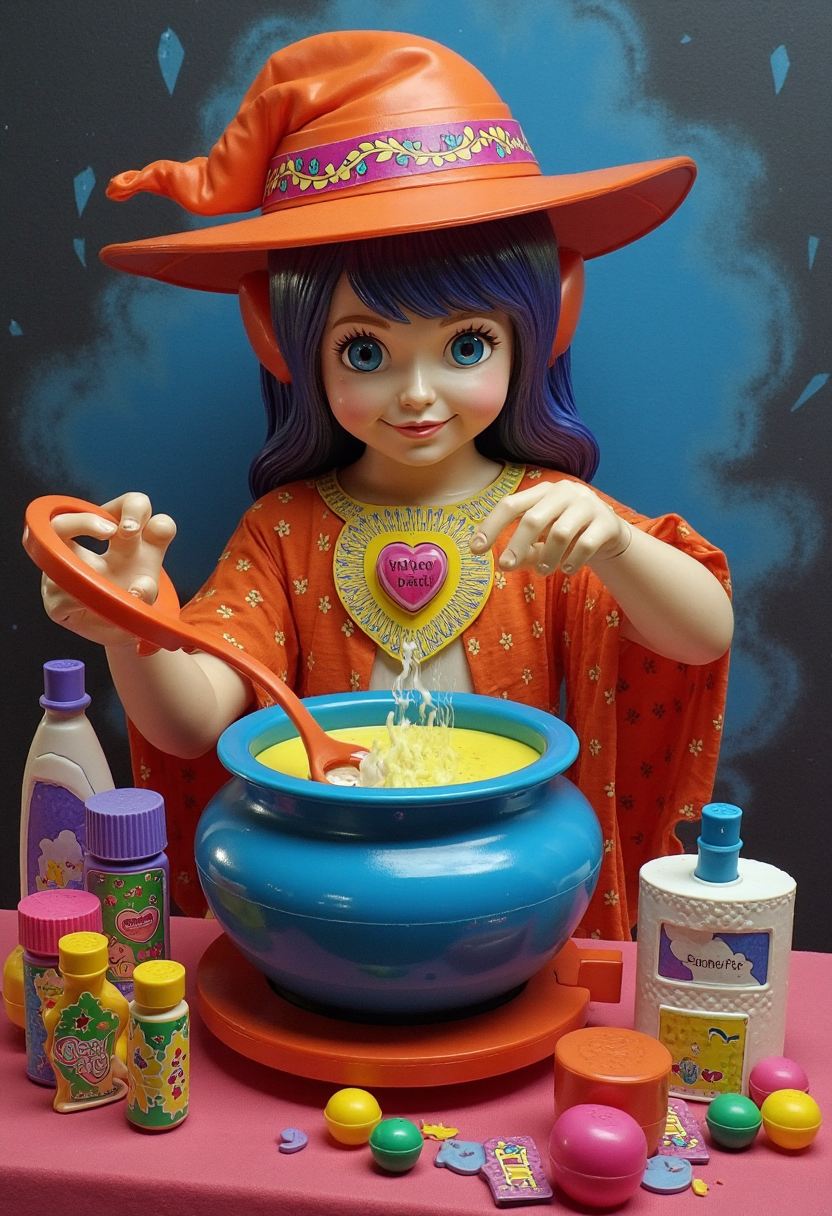 80s fisher price version of a futuristic cyber witch making a love potion in her high tech cauldron, FP80S