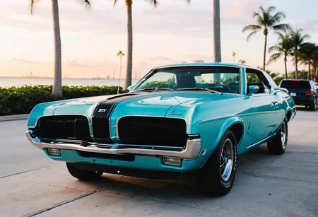 ClassicMuscleCar, gleaming pastel teal Mercury Cougar, stripes, side front view, Miami seaside, cinematic sunset cityscape, palm trees, 4K, highly detailed, ((stylish grainy analog 35mm film photo))